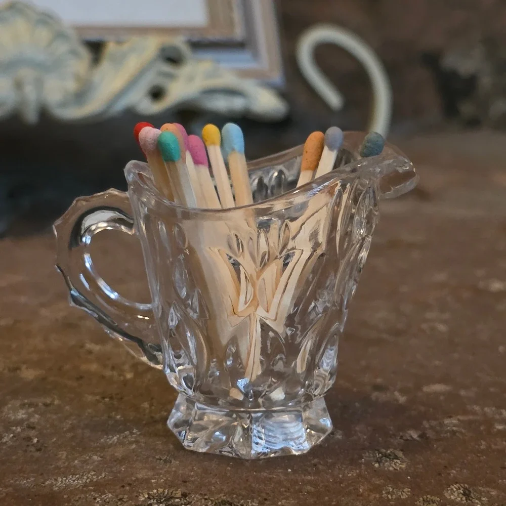 Vintage Miniature Pressed Glass Creamer Pitcher Thumbprint Toothpick Holder 2in